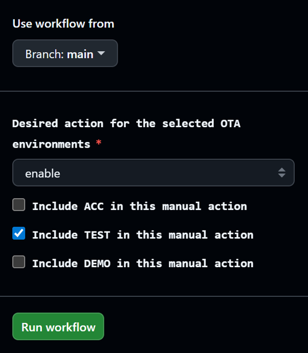 GitHub Actions workflow menu where a developer can manually enable an environment.