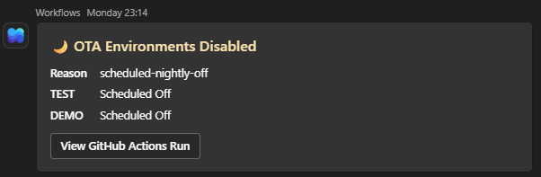 OPS notification showing that an environment was switched off by a scheduled workflow.