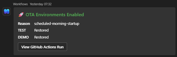 OPS notification showing that an environment was restored during the scheduled morning startup.